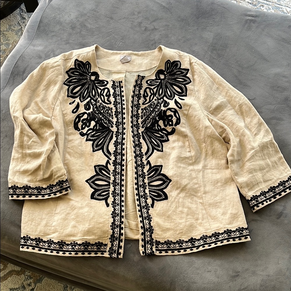 Chico's Tan Jacket with Black Embroidery